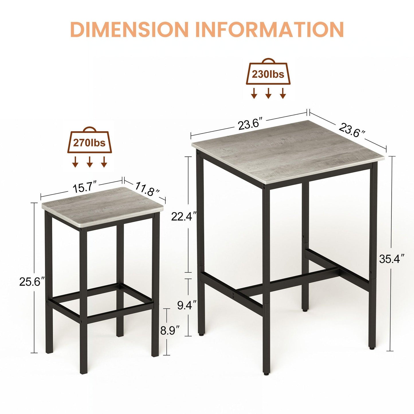 Bar Table Set Square Bar Table with 2 Bar Chairs Industrial Style Bar Chairs for Kitchen Breakfast Table Rustic Gray and Black - FurniFindUSA