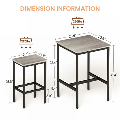 Bar Table Set Square Bar Table with 2 Bar Chairs Industrial Style Bar Chairs for Kitchen Breakfast Table Rustic Gray and Black - FurniFindUSA