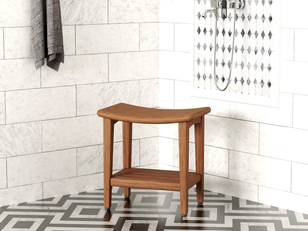 18" X 18" Brown Teak Rectangular Shower Bench With Shelf — view 3