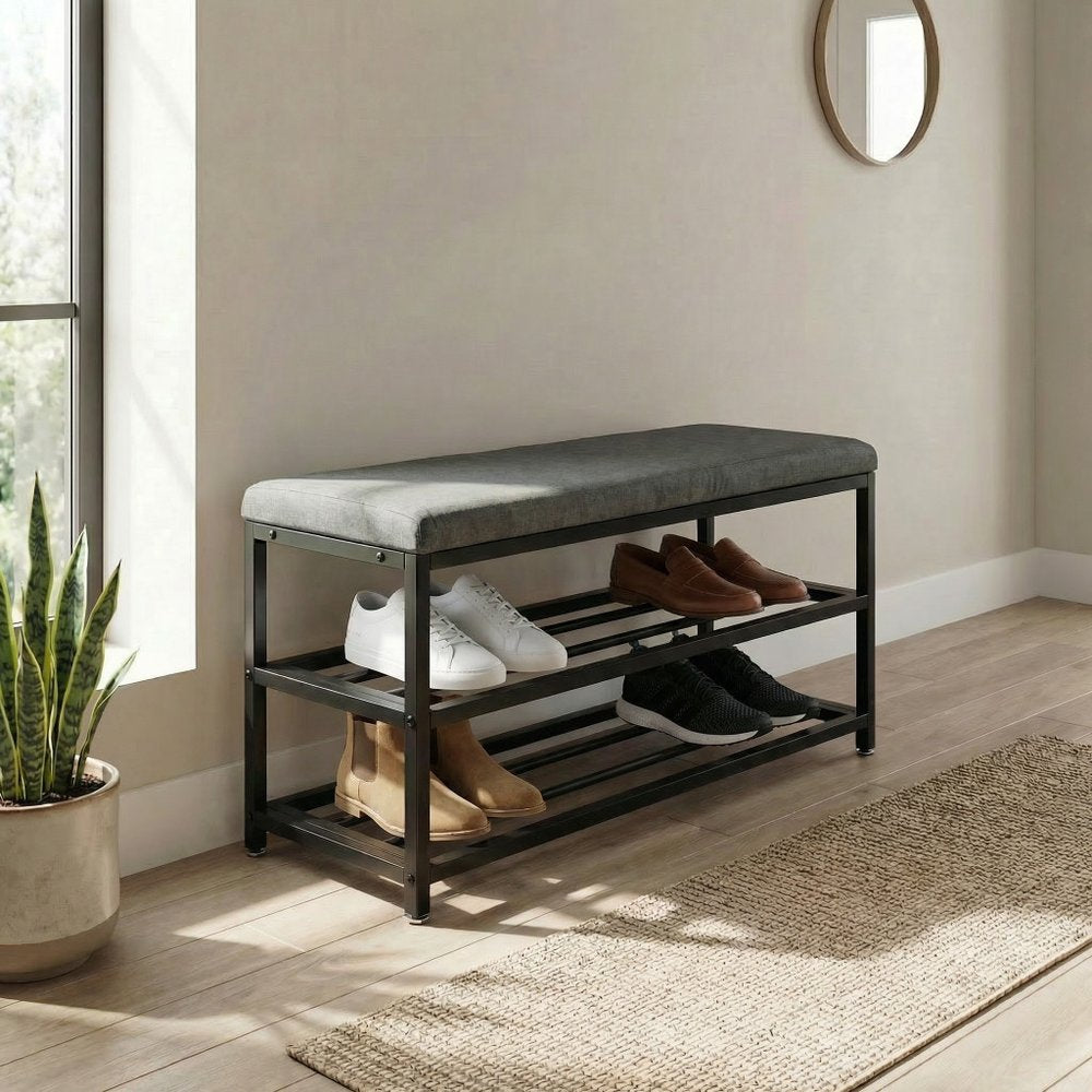 Black Six Pair MetalShoe Storage Bench — view 3