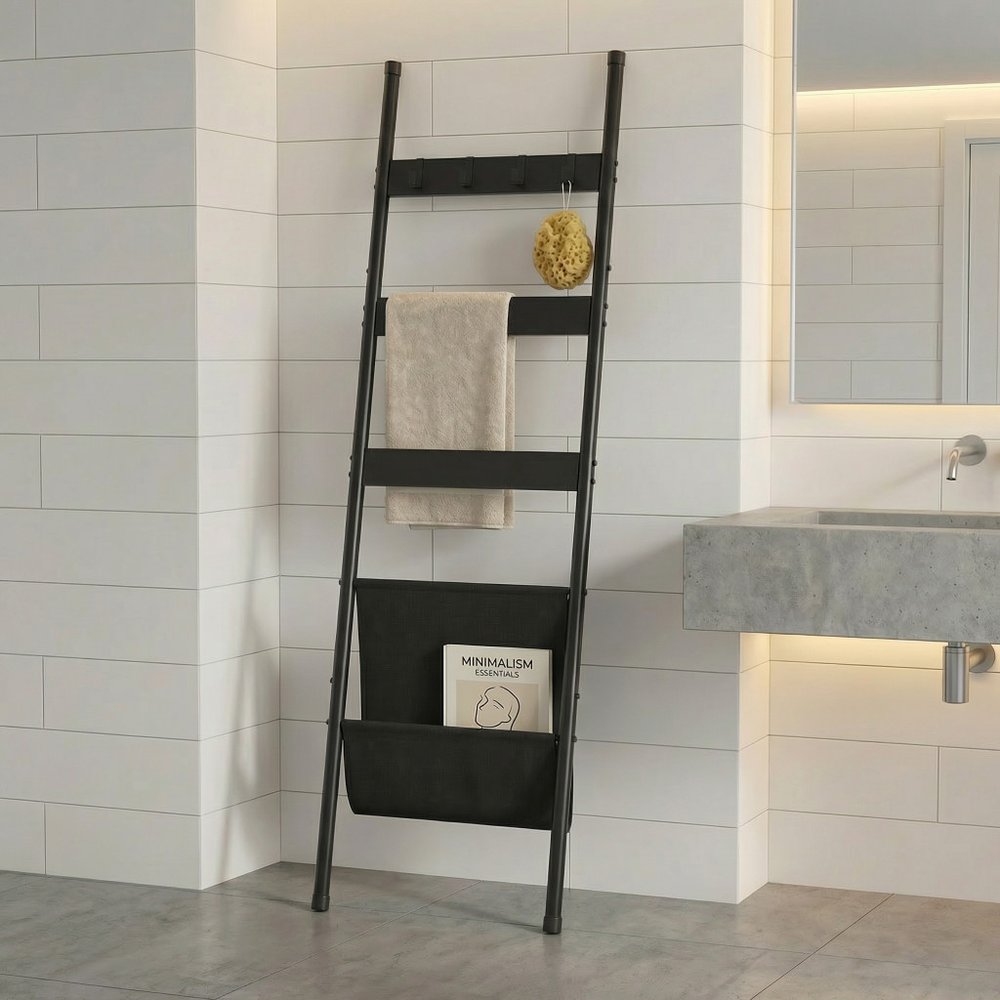 63" Black Metal Blanket Ladder With Magazine Storage HomeRoots