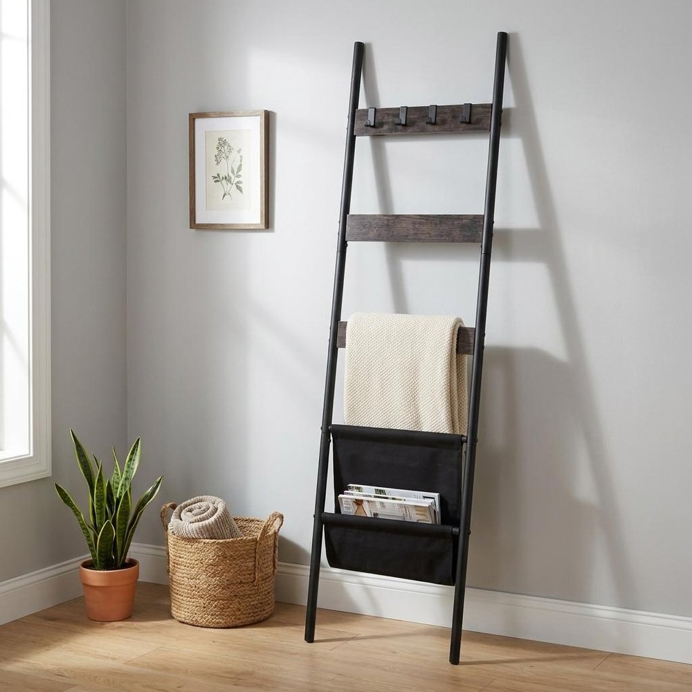63" Black Metal Blanket Ladder With Magazine Storage HomeRoots
