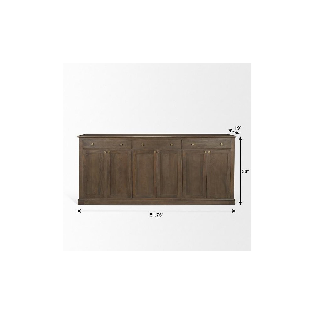 82" Dark Brown Solid Wood Three Drawer Sideboard With Six Doors — view 11