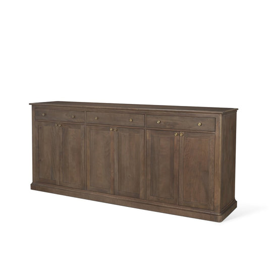82" Dark Brown Solid Wood Three Drawer Sideboard With Six Doors