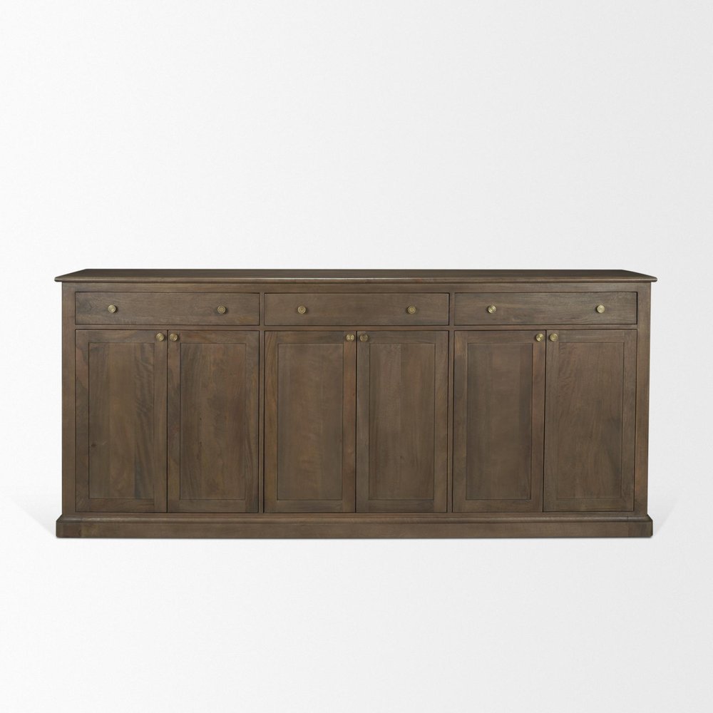 82" Dark Brown Solid Wood Three Drawer Sideboard With Six Doors — view 2