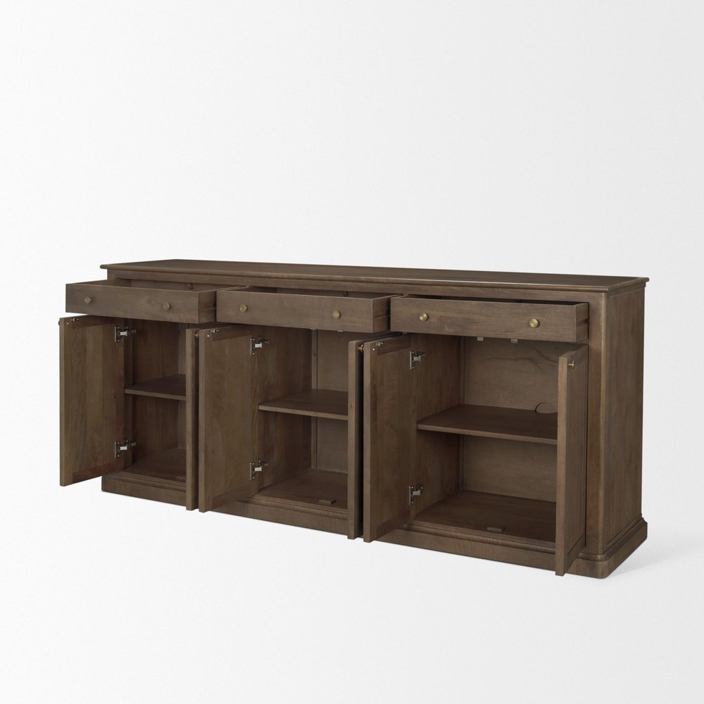 82" Dark Brown Solid Wood Three Drawer Sideboard With Six Doors