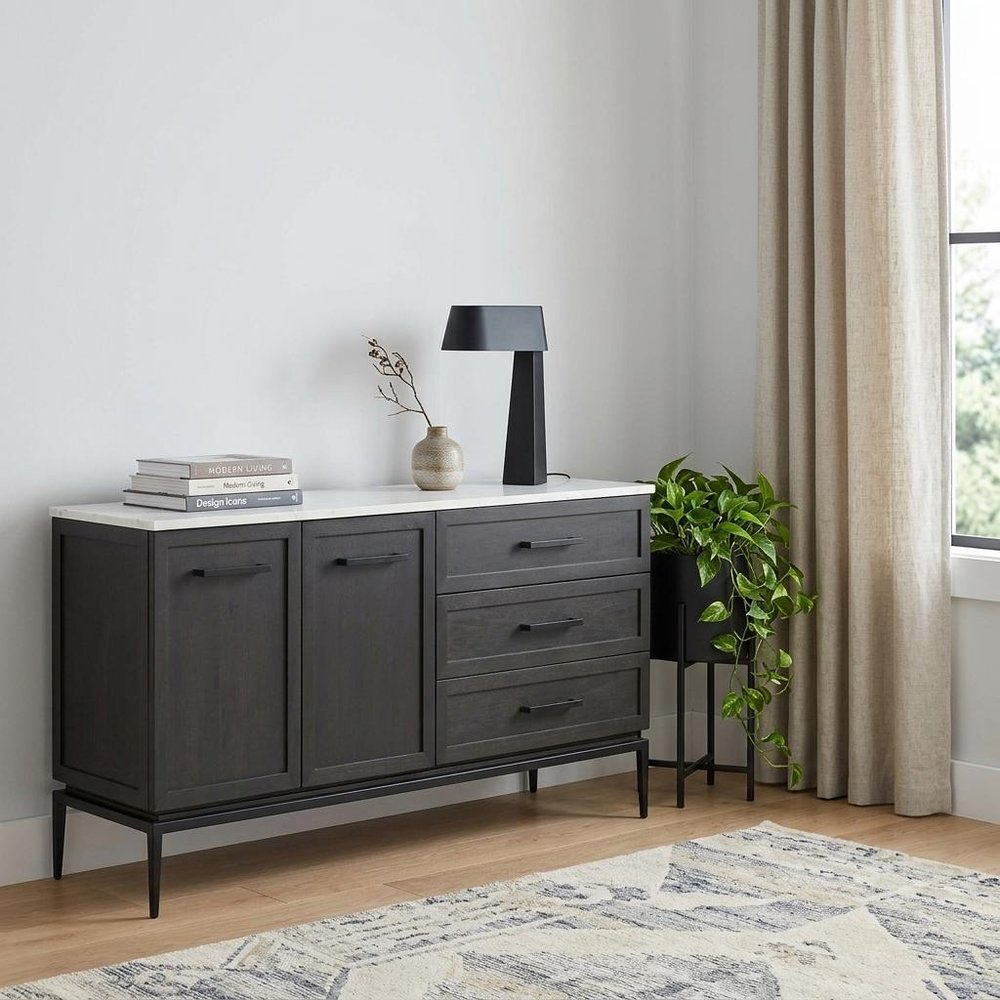 71" Black And White Marble And Solid Wood Three Drawer Sideboard With Two Doors HomeRoots
