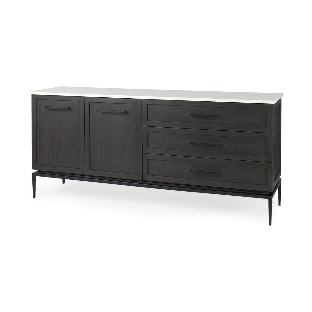 71" Black And White Marble And Solid Wood Three Drawer Sideboard With Two Doors