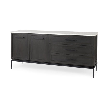 71" Black And White Marble And Solid Wood Three Drawer Sideboard With Two Doors