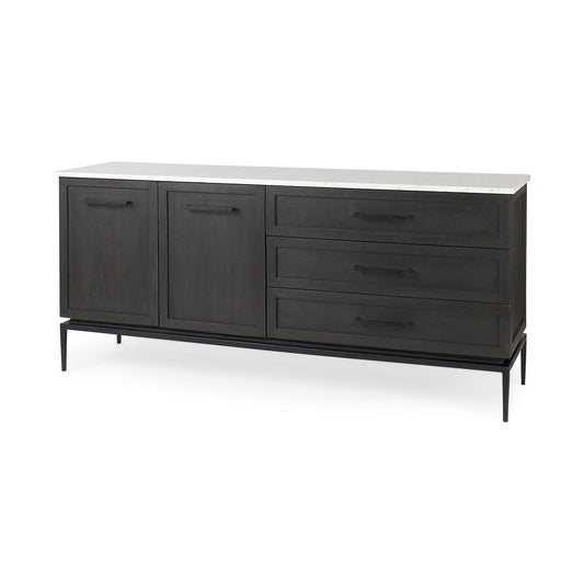 71" Black And White Marble And Solid Wood Three Drawer Sideboard With Two Doors