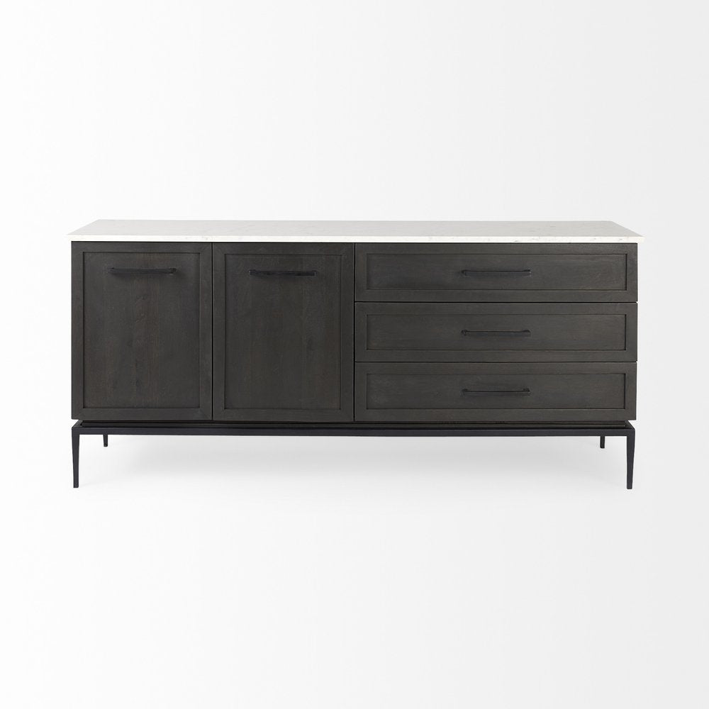 71" Black And White Marble And Solid Wood Three Drawer Sideboard With Two Doors HomeRoots