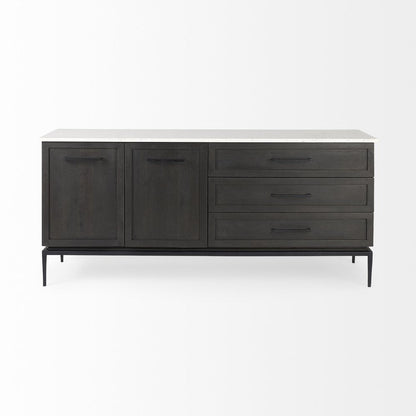 71" Black And White Marble And Solid Wood Three Drawer Sideboard With Two Doors