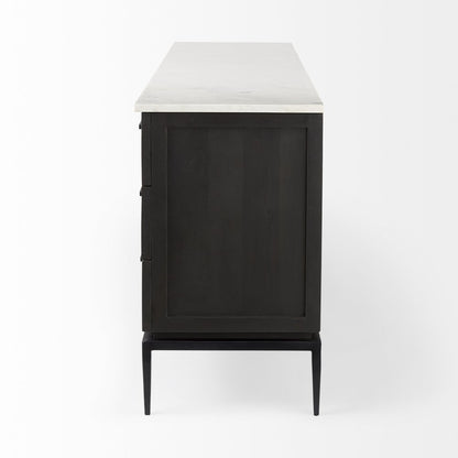 71" Black And White Marble And Solid Wood Three Drawer Sideboard With Two Doors