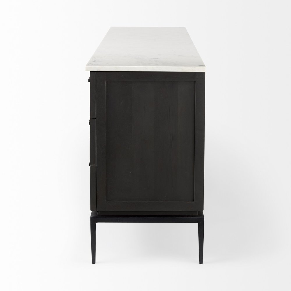 71" Black And White Marble And Solid Wood Three Drawer Sideboard With Two Doors HomeRoots