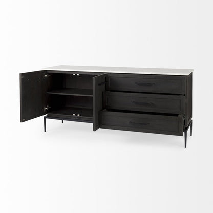 71" Black And White Marble And Solid Wood Three Drawer Sideboard With Two Doors HomeRoots