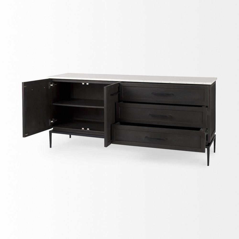 71" Black And White Marble And Solid Wood Three Drawer Sideboard With Two Doors — view 5