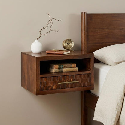 18" Chestnut Solid Wood Carved Geometric One Drawer Floating Nightstand