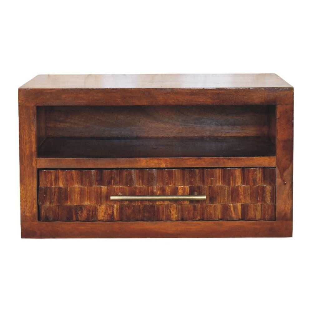 18" Chestnut Solid Wood Carved Geometric One Drawer Floating Nightstand HomeRoots