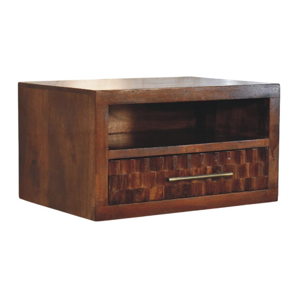 18" Chestnut Solid Wood Carved Geometric One Drawer Floating Nightstand — view 2