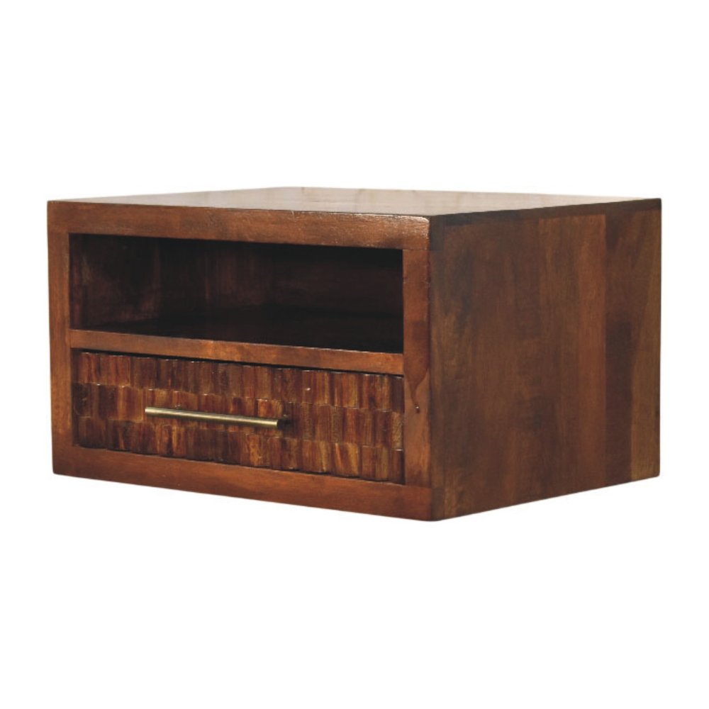 18" Chestnut Solid Wood Carved Geometric One Drawer Floating Nightstand — view 3