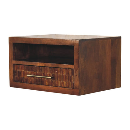 18" Chestnut Solid Wood Carved Geometric One Drawer Floating Nightstand