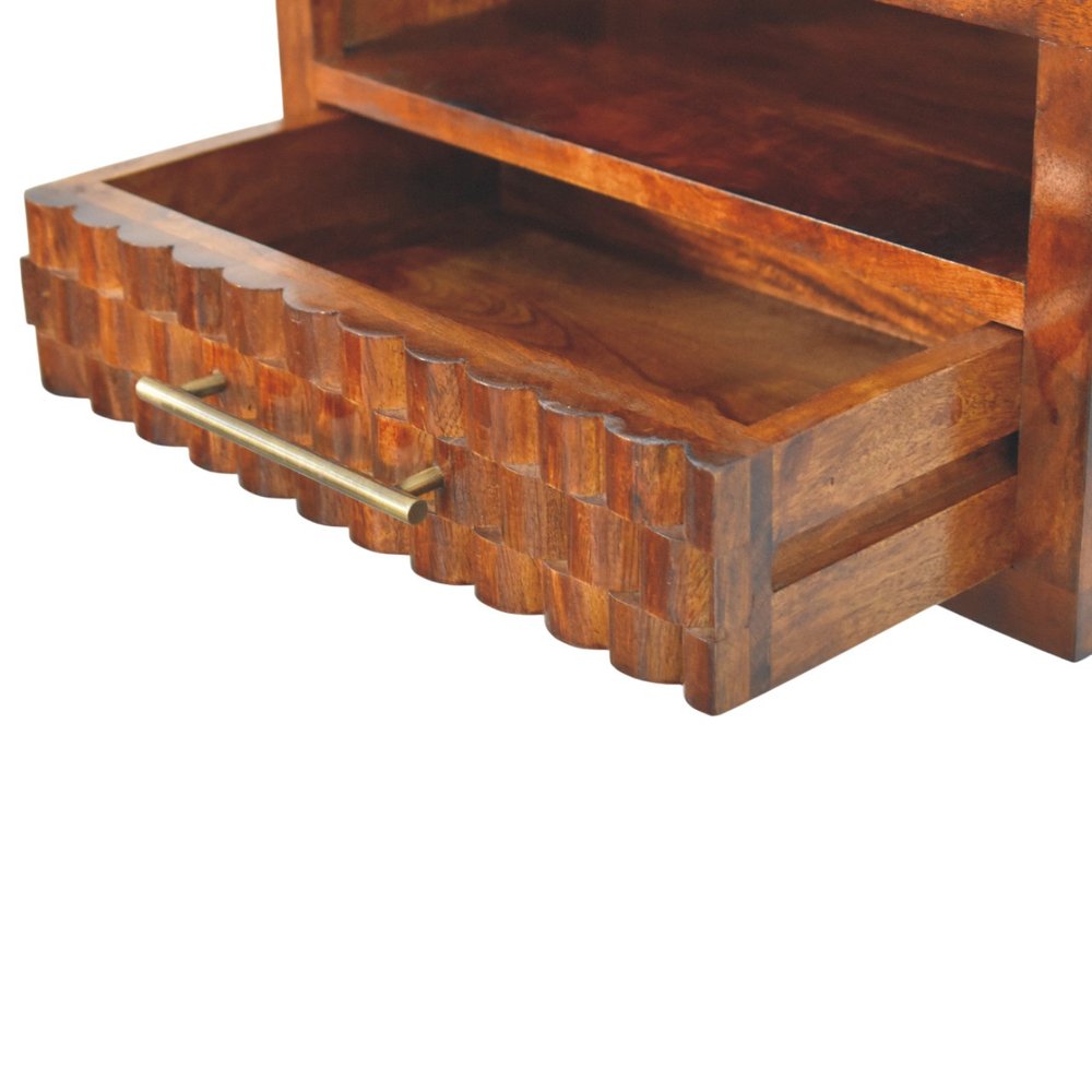 18" Chestnut Solid Wood Carved Geometric One Drawer Floating Nightstand