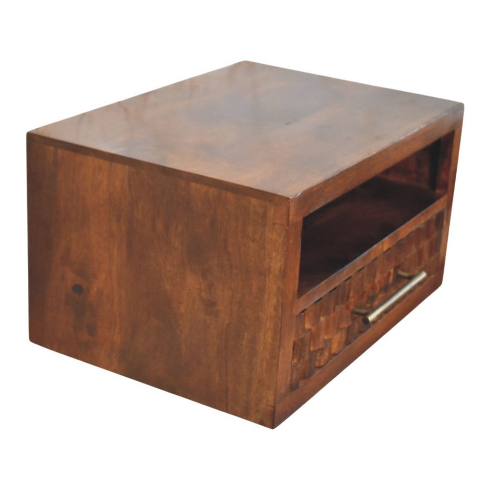 18" Chestnut Solid Wood Carved Geometric One Drawer Floating Nightstand — view 7