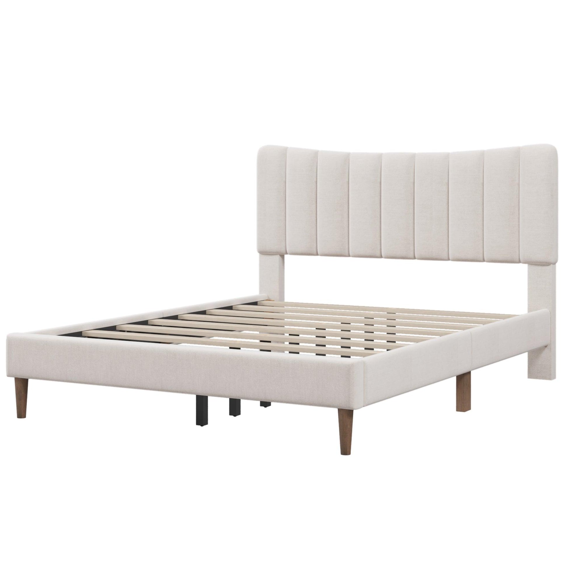 Upholstered Platform Bed Frame with Vertical Channel Tufted Headboard No Box Spring Needed Queen Cream - FurniFindUSA