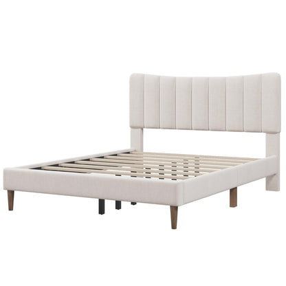 Upholstered Platform Bed Frame with Vertical Channel Tufted Headboard No Box Spring Needed Queen Cream - FurniFindUSA