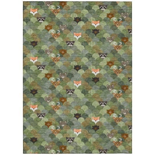 5' X 8' Olive Green And Fern Green Cactus Washable Indoor Outdoor Area Rug