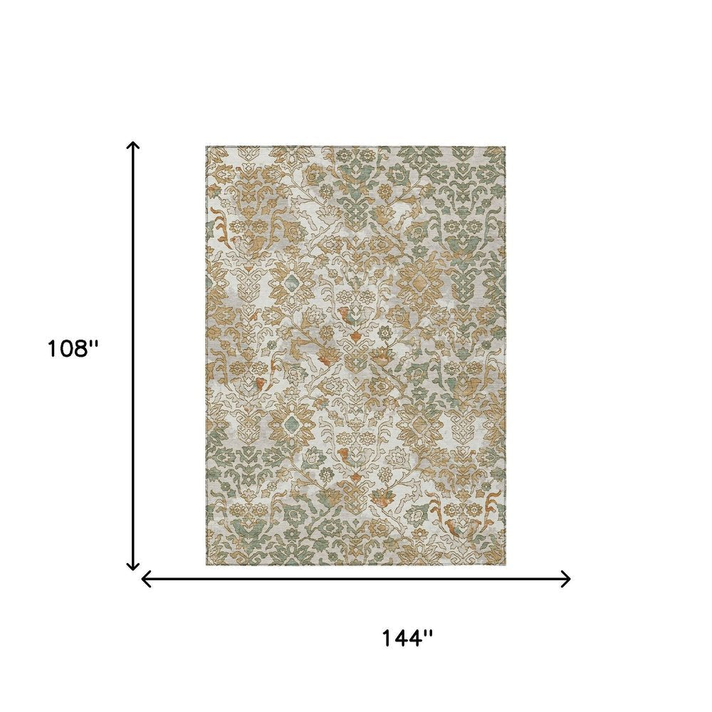 9' X 12' Ivory And Green Geometric Washable Indoor Outdoor Area Rug HomeRoots