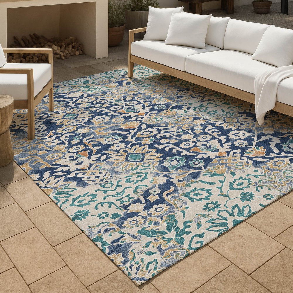 5' X 8' Navy Blue And Ivory Geometric Washable Indoor Outdoor Area Rug — view 4