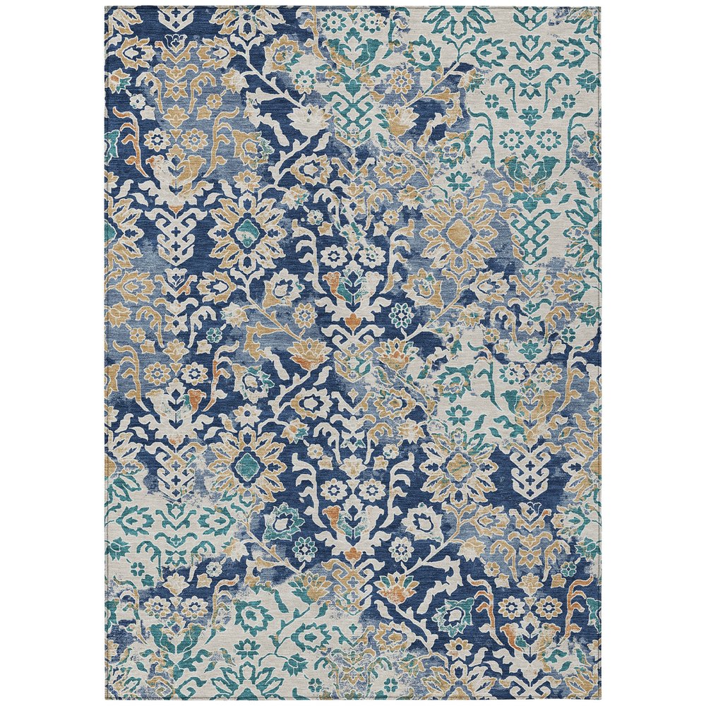 5' X 8' Navy Blue And Ivory Geometric Washable Indoor Outdoor Area Rug — view 1