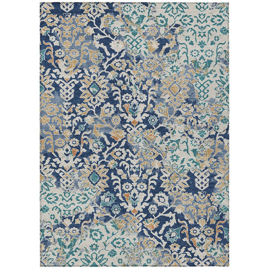 5' X 8' Navy Blue And Ivory Geometric Washable Indoor Outdoor Area Rug