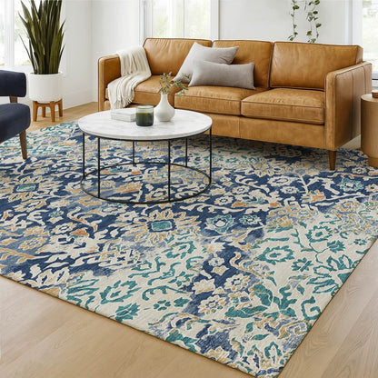5' X 8' Navy Blue And Ivory Geometric Washable Indoor Outdoor Area Rug HomeRoots