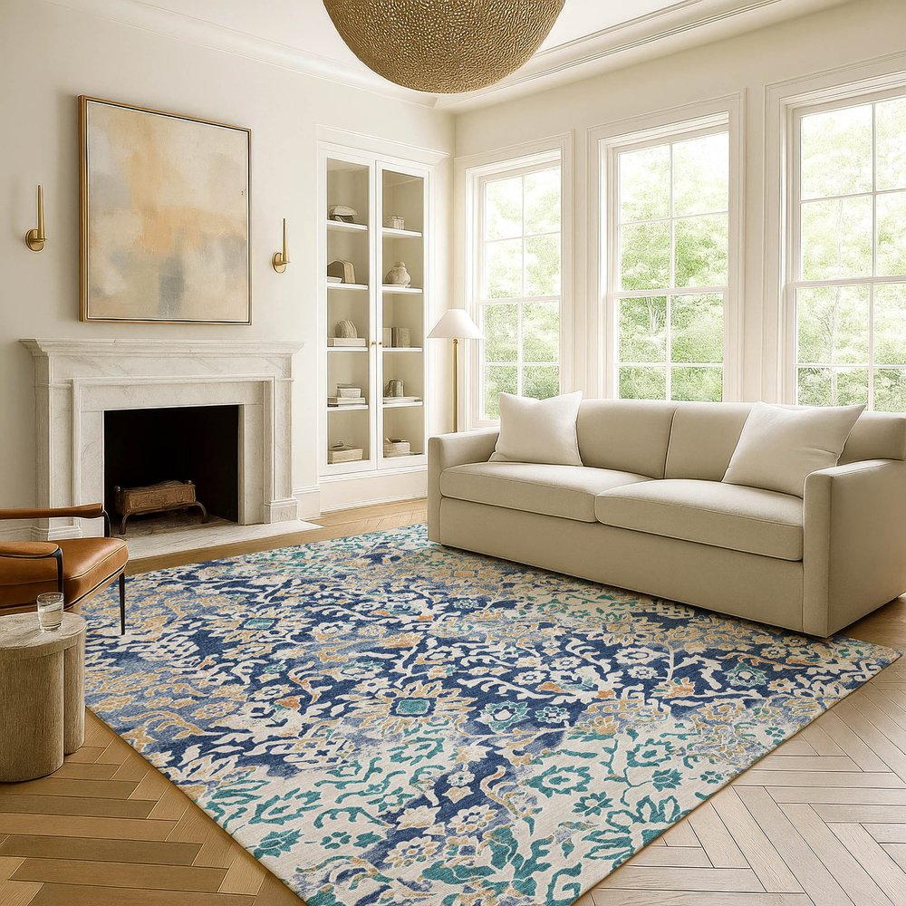 5' X 8' Navy Blue And Ivory Geometric Washable Indoor Outdoor Area Rug — view 6