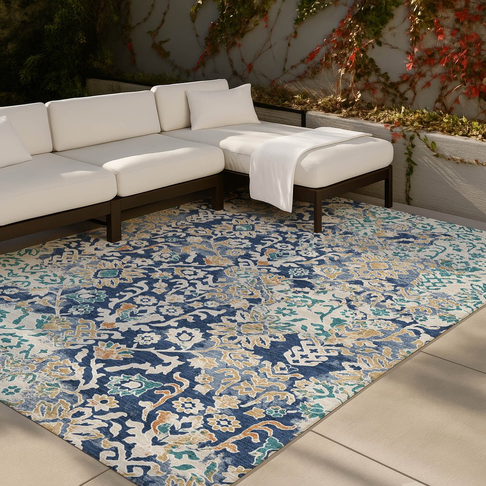 5' X 8' Navy Blue And Ivory Geometric Washable Indoor Outdoor Area Rug — view 7