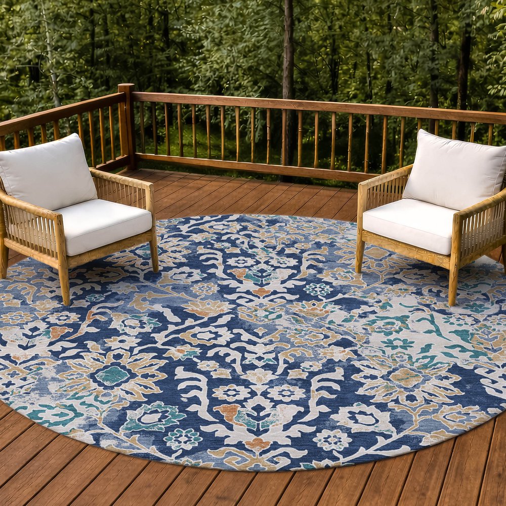 8' Navy Blue And Ivory Round Geometric Washable Indoor Outdoor Area Rug — view 12