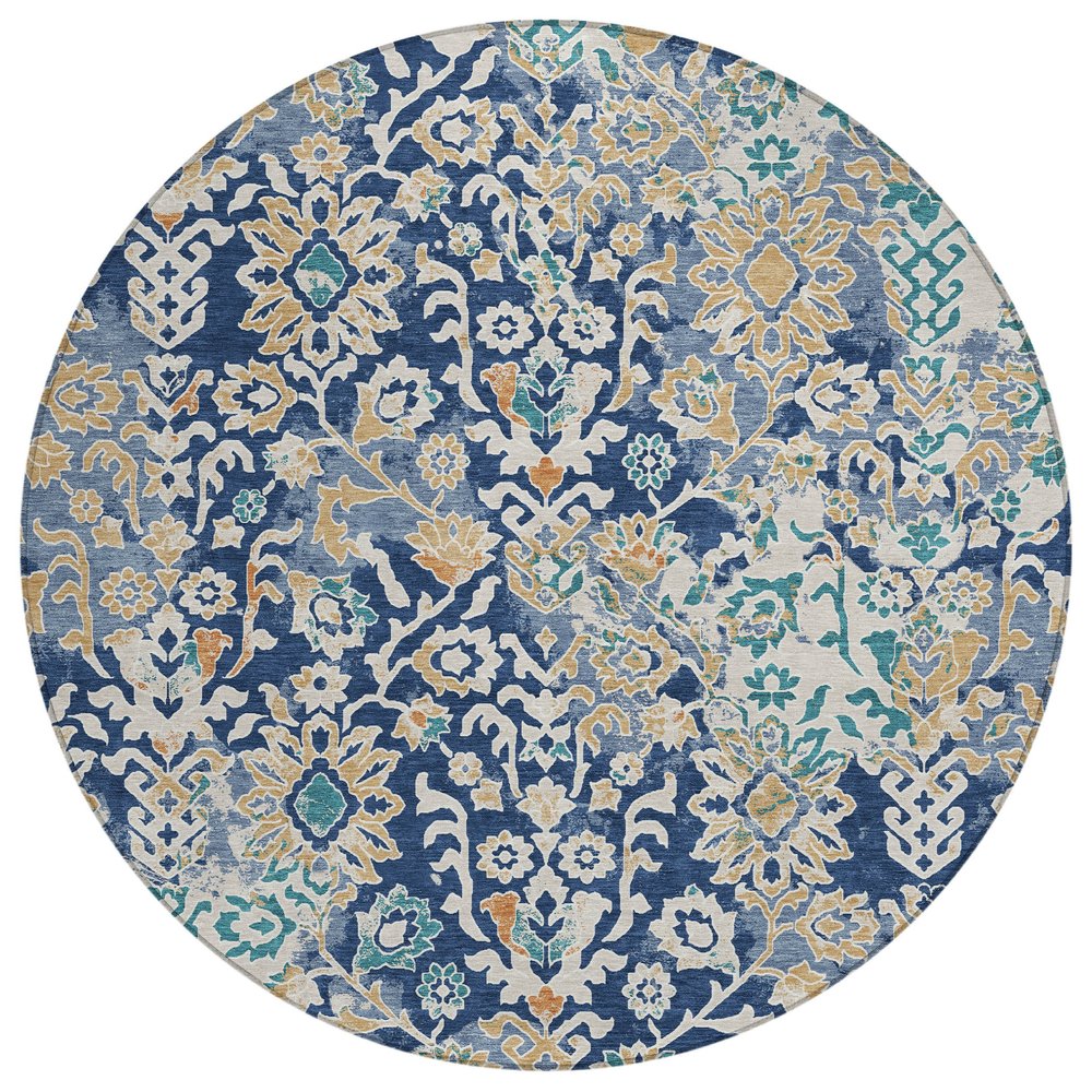 8' Navy Blue And Ivory Round Geometric Washable Indoor Outdoor Area Rug — view 1
