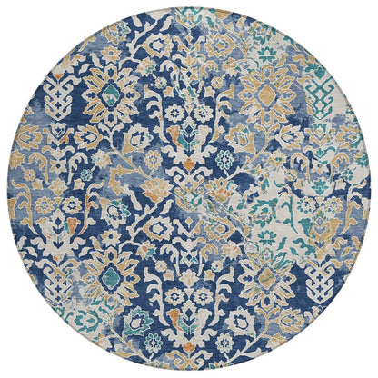 8' Navy Blue And Ivory Round Geometric Washable Indoor Outdoor Area Rug HomeRoots