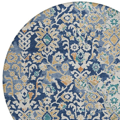 8' Navy Blue And Ivory Round Geometric Washable Indoor Outdoor Area Rug HomeRoots