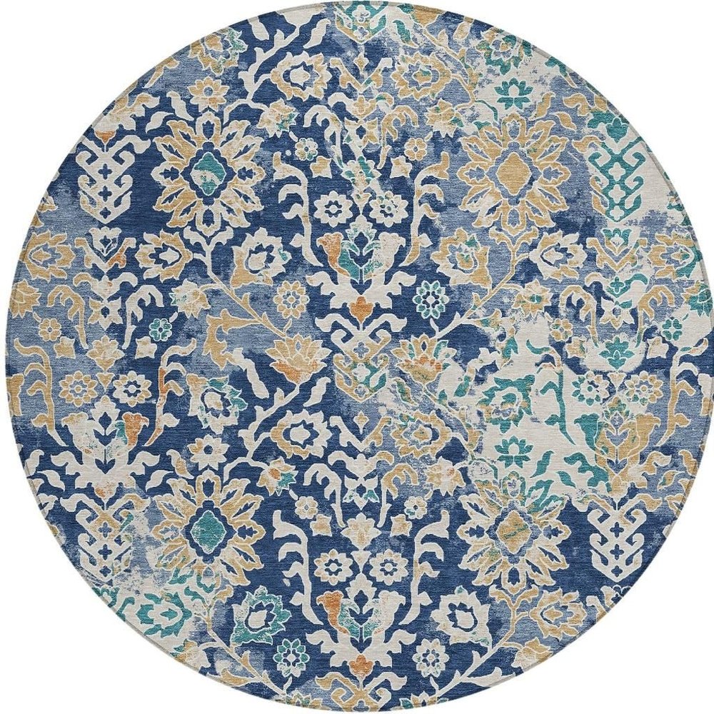 8' Navy Blue And Ivory Round Geometric Washable Indoor Outdoor Area Rug — view 4