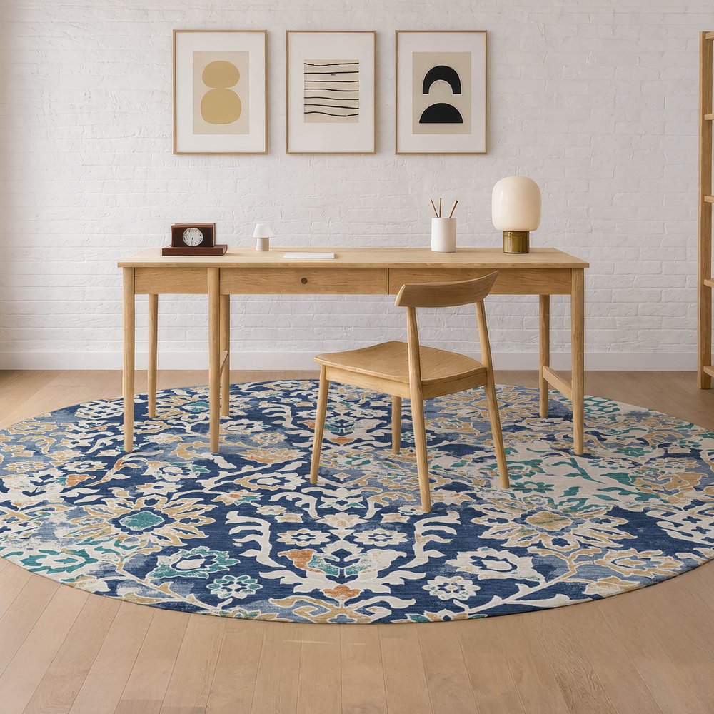 8' Navy Blue And Ivory Round Geometric Washable Indoor Outdoor Area Rug HomeRoots