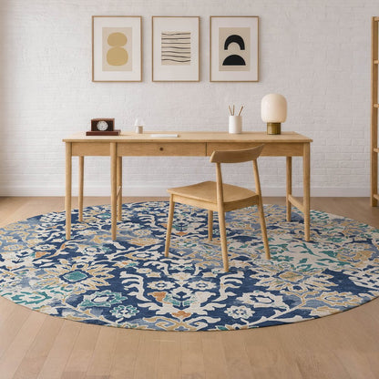 8' Navy Blue And Ivory Round Geometric Washable Indoor Outdoor Area Rug HomeRoots