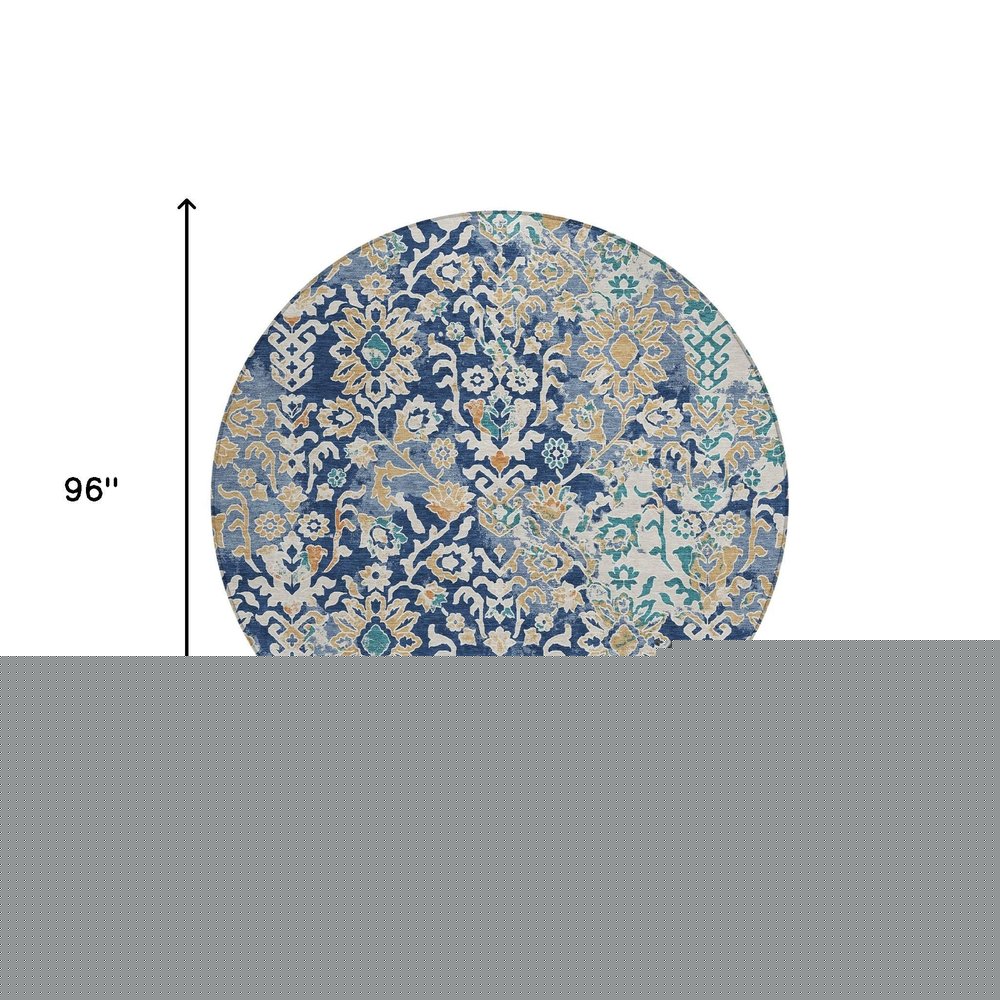 8' Navy Blue And Ivory Round Geometric Washable Indoor Outdoor Area Rug — view 9