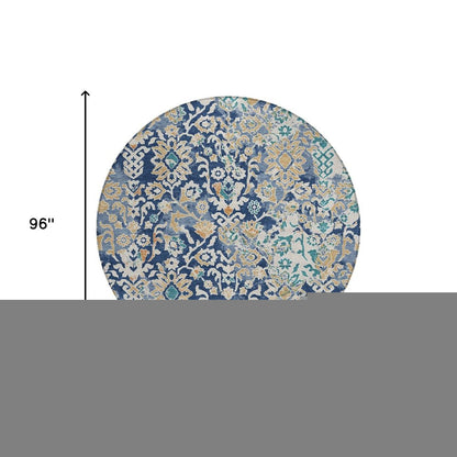 8' Navy Blue And Ivory Round Geometric Washable Indoor Outdoor Area Rug HomeRoots