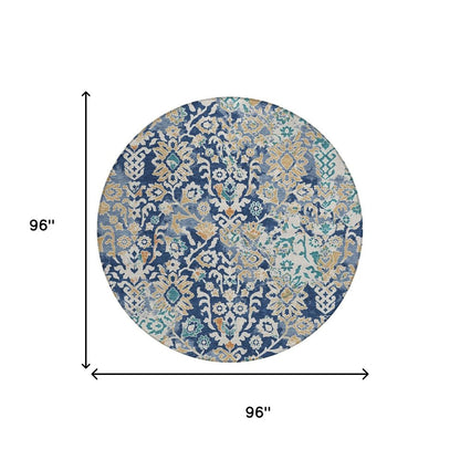 8' Navy Blue And Ivory Round Geometric Washable Indoor Outdoor Area Rug HomeRoots