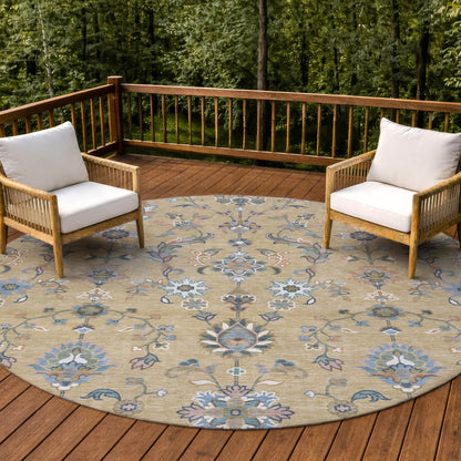 8' Wheat And Taupe Round Abstract Washable Indoor Outdoor Area Rug HomeRoots
