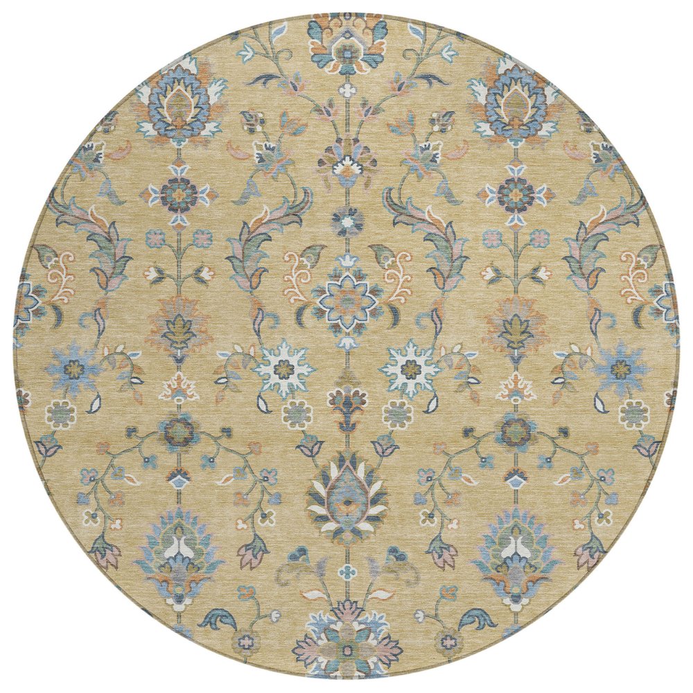 8' Wheat And Taupe Round Abstract Washable Indoor Outdoor Area Rug — view 1