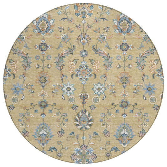 8' Wheat And Taupe Round Abstract Washable Indoor Outdoor Area Rug